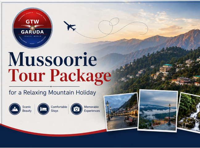Mussoorie mountain town with houses on hills, sunset sky, small waterfall, and street lamps promoting a relaxing tour package.
