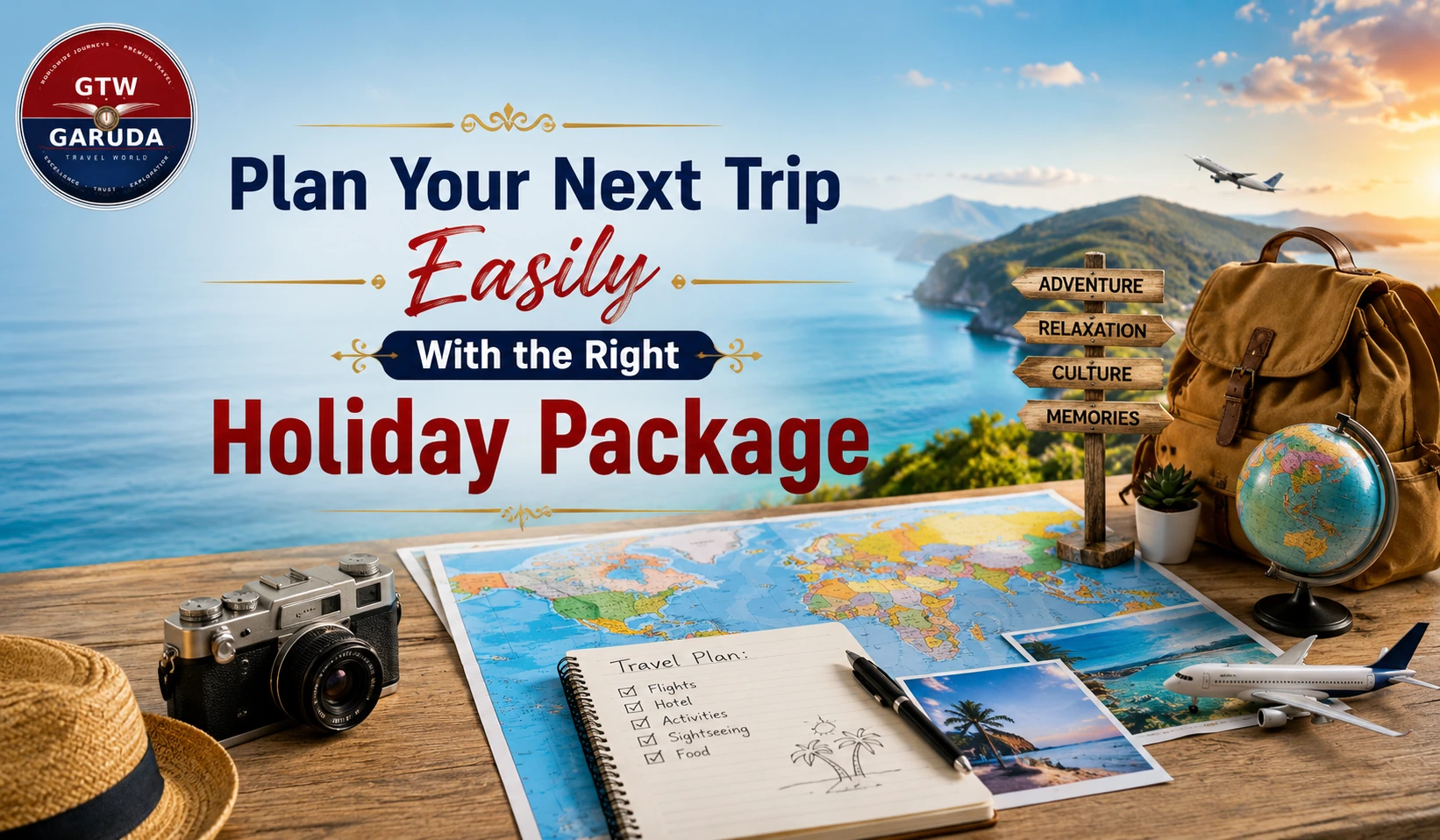 Travel planning setup with camera, map, notebook, toy plane, globe, backpack, and signs for adventure, relaxation, culture, and memories.