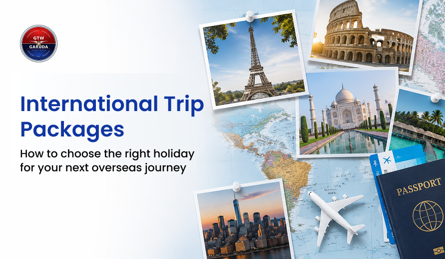 International trip packages with travel photos of Paris, Rome, New York and the Taj Mahal, along with a world map, airplane and passport.