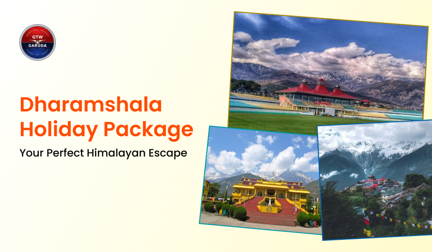 Dharamshala holiday package featuring scenic Himalayan mountains, Buddhist temples, and picturesque landscapes.