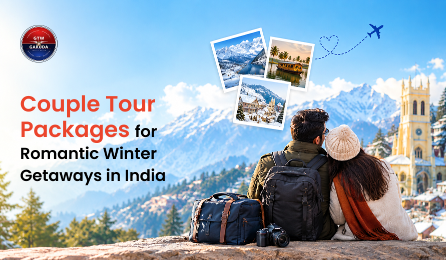 Couple sitting together in a scenic mountain destination with travel bags, promoting romantic winter couple tour packages in India.