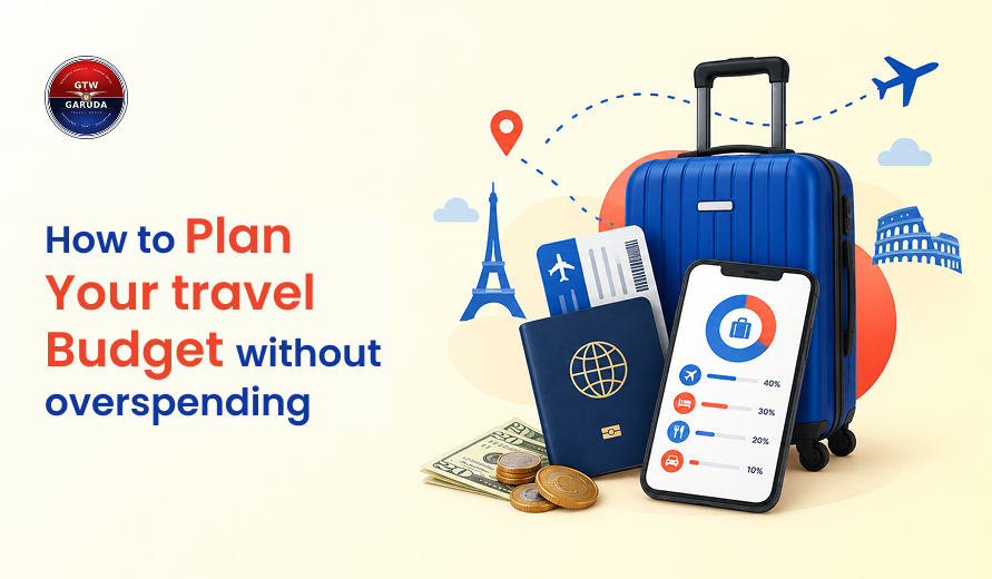 Travel budget planning concept featuring a suitcase, passport, travel tickets, money, smartphone budget tracker, and travel landmarks.