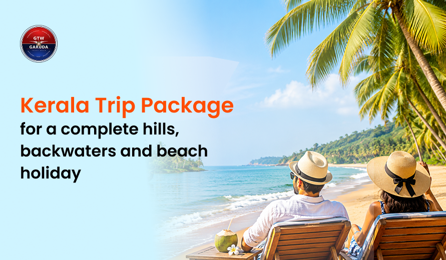 Kerala trip package banner featuring a couple relaxing on a tropical beach, with palm trees, blue water, and promotional text.