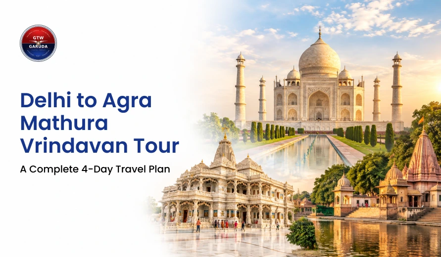 Travel guide cover featuring the Taj Mahal, Hindu temples, and text: Delhi to Agra Mathura Vrindavan Tour.