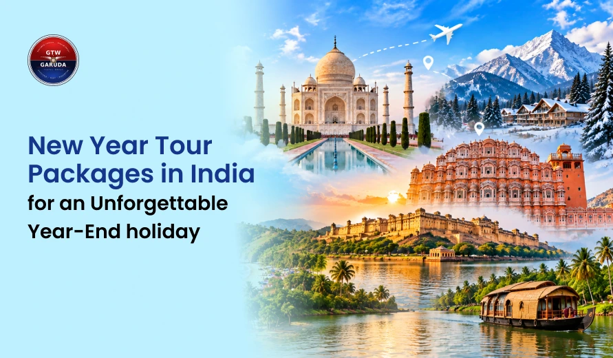 Travel banner advertising New Year tour packages in India, featuring the Taj Mahal, snowy mountains, Jaipur’s Hawa Mahal, a fort, and a houseboat.